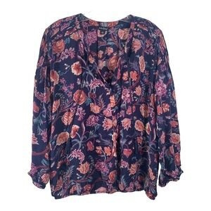 Lucky Brand Navy and Pink Floral Long Sleeve Tunic Top Size L